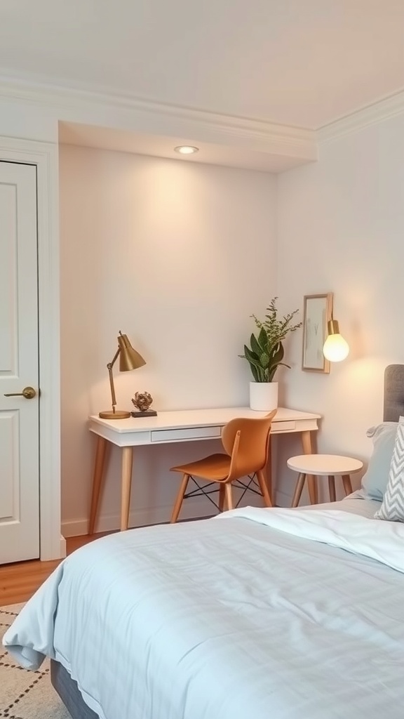 A cozy bedroom alcove featuring a desk, chair, and decorative elements.
