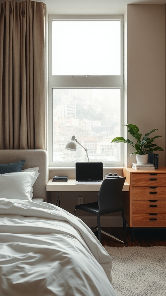 Cozy bedroom with a desk in a niche by the window