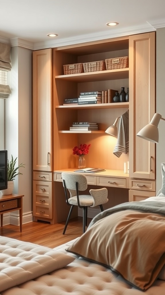 A bedroom featuring a wardrobe with an integrated desk, shelves, and decorative items.