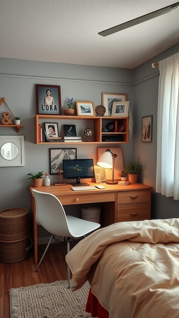 Cozy bedroom layout featuring a desk nook beside the bed with wooden desk, white chair, and decorative items.