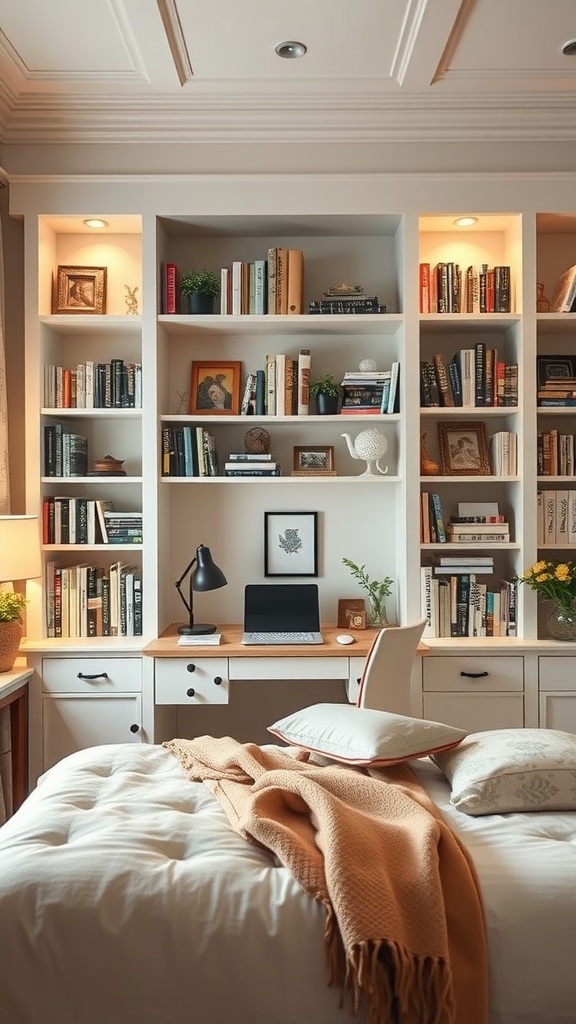 A cozy bedroom with a desk nook surrounded by bookshelves, featuring a laptop, lamp, and decorative items.