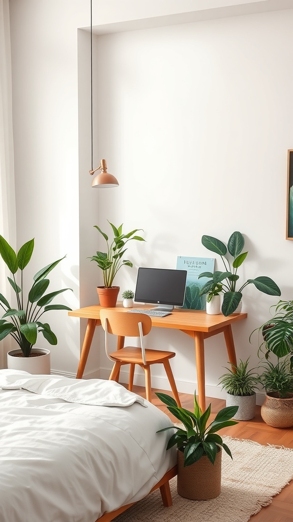 A cozy bedroom workspace featuring a wooden desk surrounded by various indoor plants.