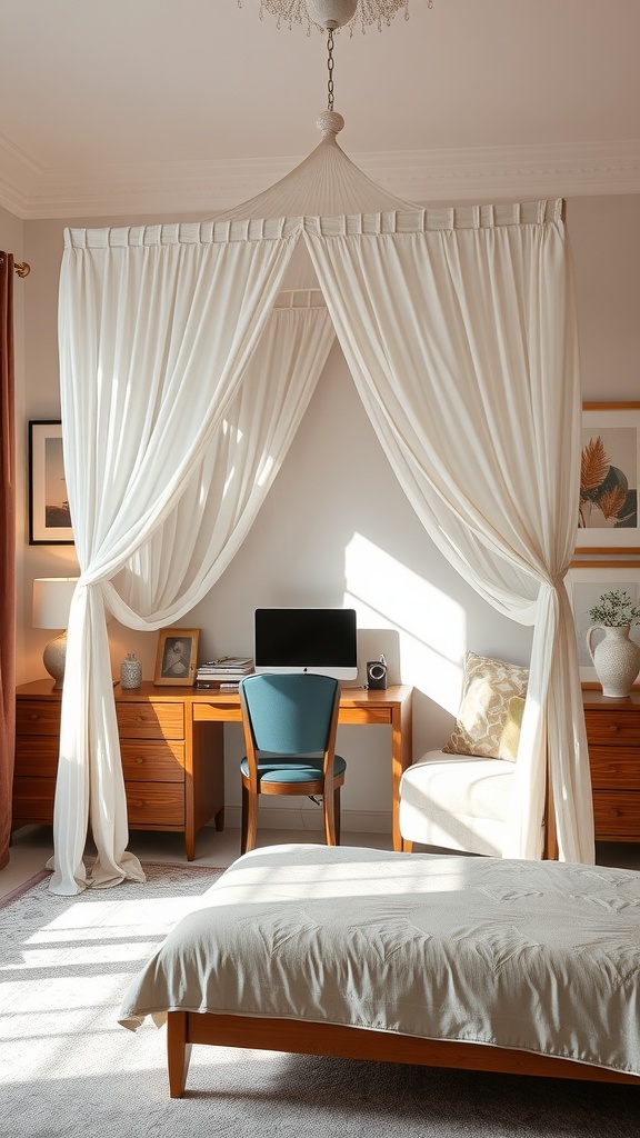 A cozy bedroom featuring a desk under a canopy bed with soft curtains, a computer, and a comfortable chair.