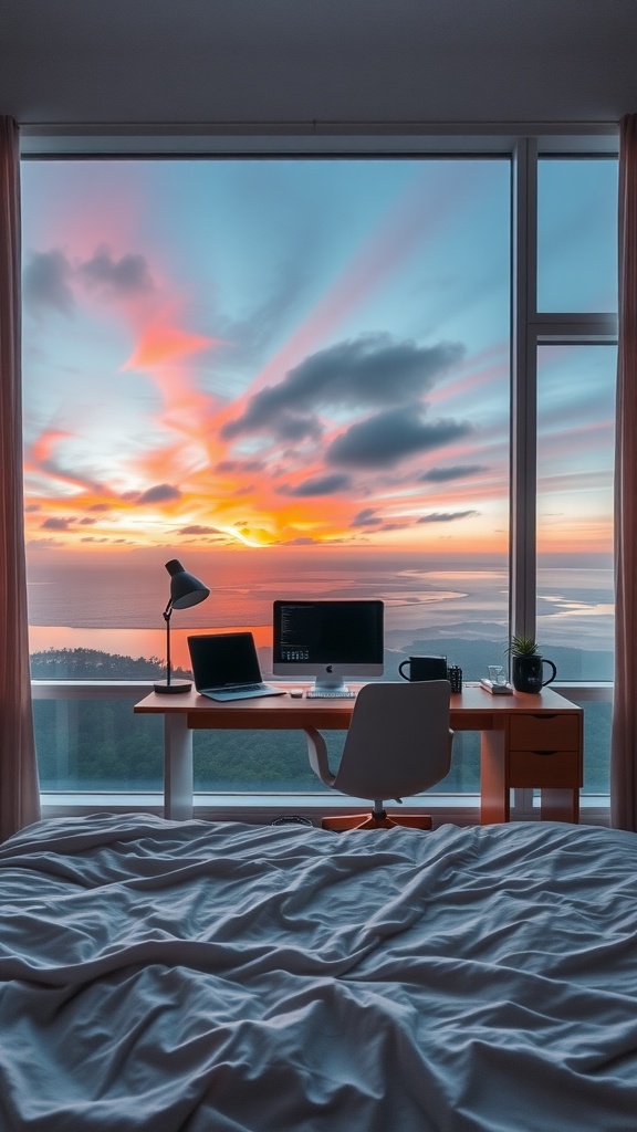 A cozy bedroom with a desk near a large window showcasing a colorful sunrise over a serene landscape.