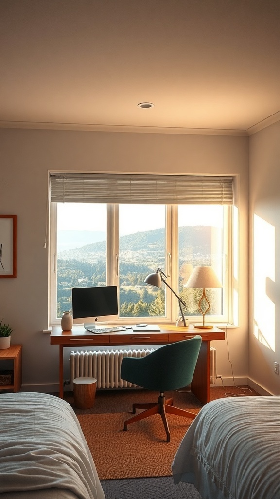 A cozy bedroom with a desk by a large window, showcasing a beautiful view of mountains and trees.