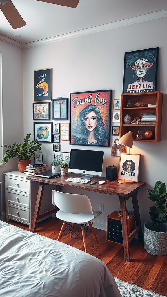 A bedroom featuring a wooden desk with colorful art on the walls and plants, creating a creative workspace.