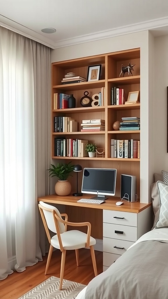 A cozy bedroom featuring a desk with built-in shelves, a computer monitor, and soft lighting.