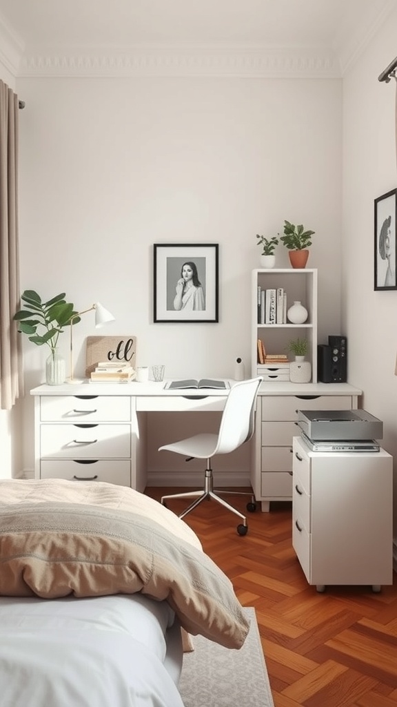A cozy bedroom featuring a white desk with built-in storage, a chair, and a storage unit with plants and decor.