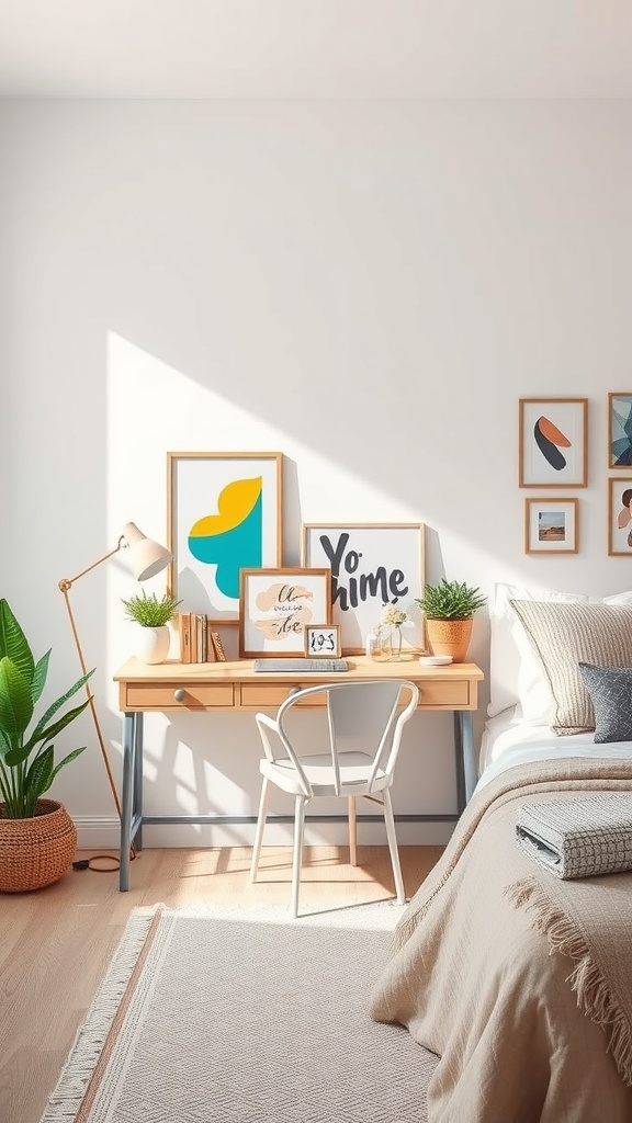 A cozy bedroom featuring a stylish desk with creative art display, plants, and a comfortable chair.