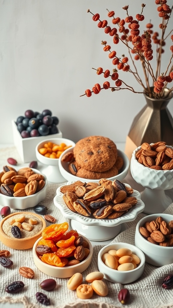 A dessert table with dried fruits, nuts, and cookies in decorative bowls.