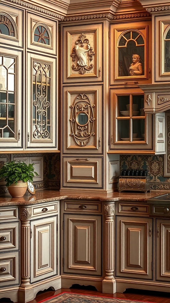 Victorian-style kitchen cabinetry with intricate details and glass panels