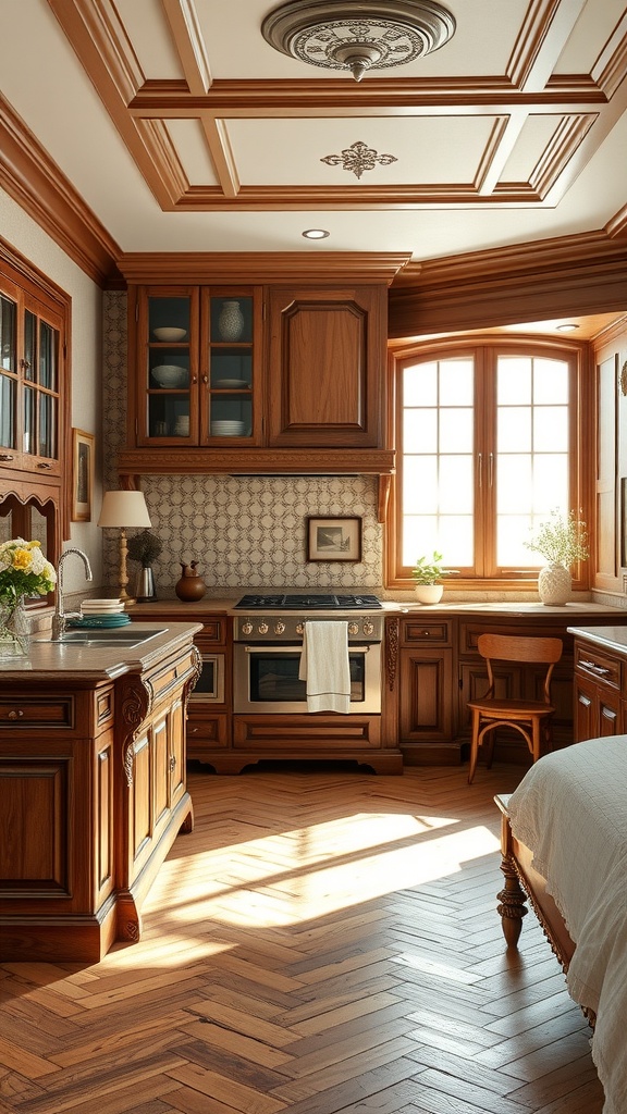 A Victorian kitchen showcasing detailed woodwork and molding with rich cabinetry and elegant ceiling design.