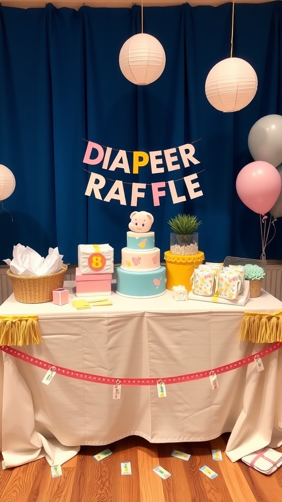A decorated table for a diaper raffle at a baby shower, featuring a sign that says 'DIAPER RAFFLE', balloons, and a cake.