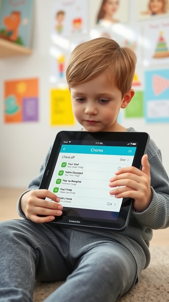 A young child sitting on the floor, looking at a tablet displaying a chore tracking app.