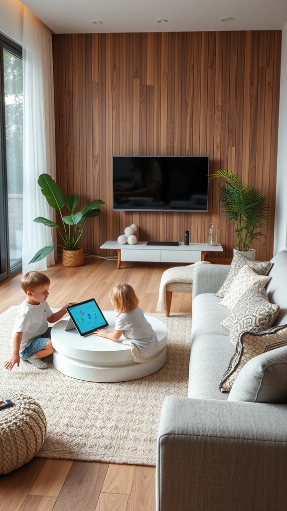 Two children playing on a tablet in a cozy living room with plants and a soft rug.