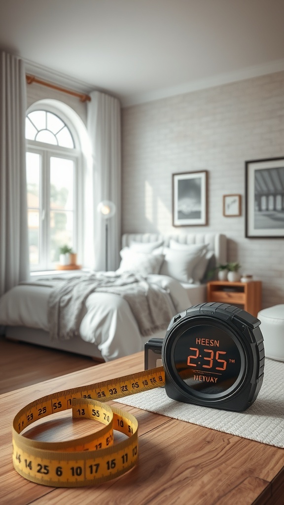 A digital tape measure on a wooden table in a cozy bedroom setting.