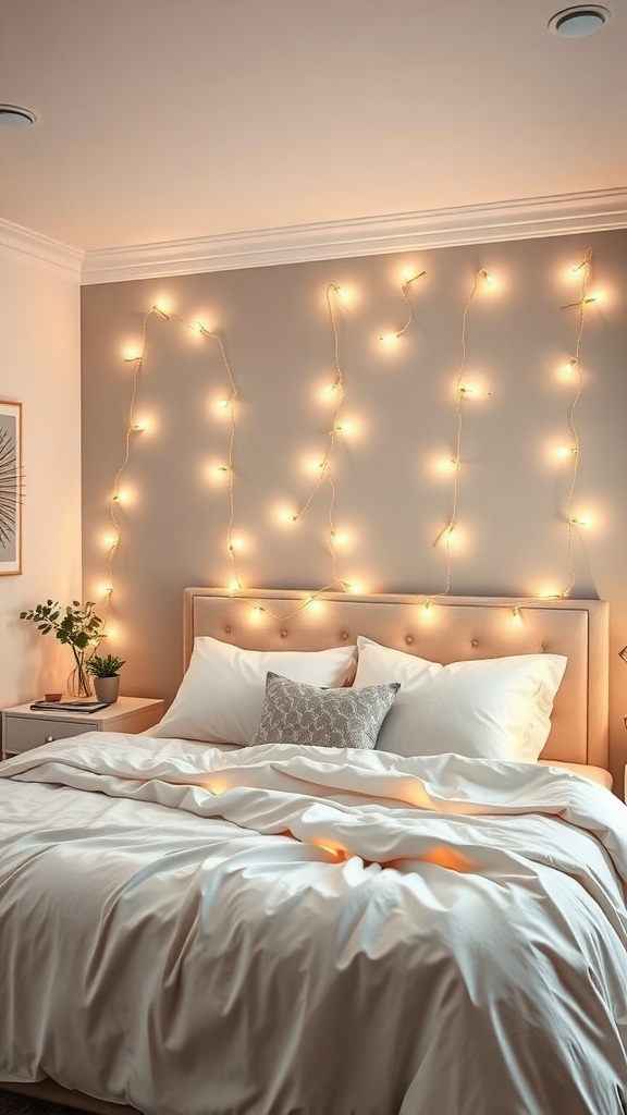 A cozy bedroom with dimmable fairy lights hanging on the wall, soft bedding, and a decorative pillow.