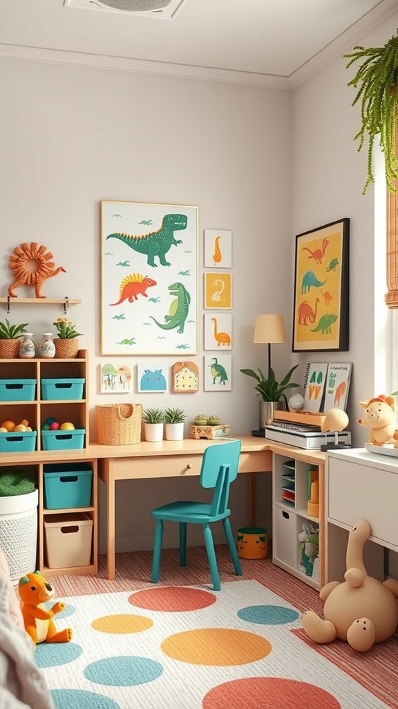 A dinosaur-themed art and crafts corner in a toddler's room, featuring a desk, colorful storage, and playful wall art.