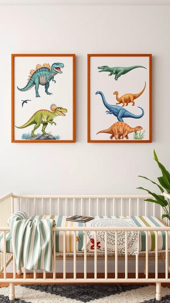 Dinosaur-themed art prints in a nursery setting
