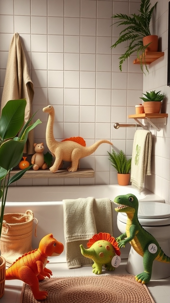 A cute dinosaur-themed bathroom with plush toys and plants
