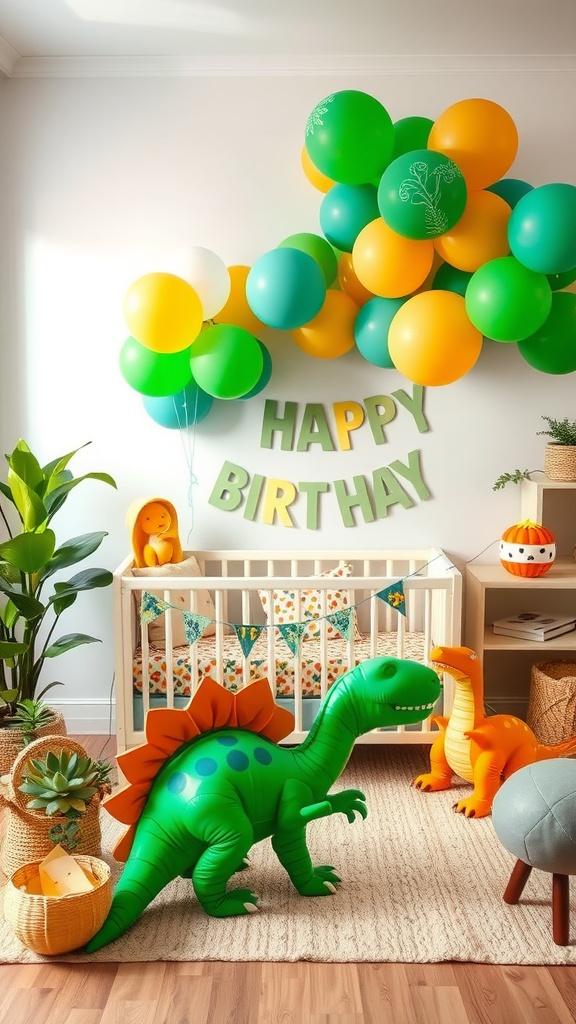 A vibrant dinosaur-themed nursery for a birthday celebration, featuring colorful balloons, a cheerful banner, and inflatable dinosaur decorations.