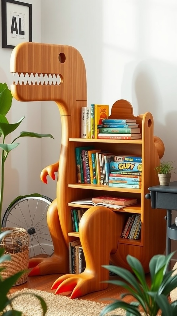 A dinosaur-shaped bookshelf designed like a T-Rex, filled with colorful children's books.