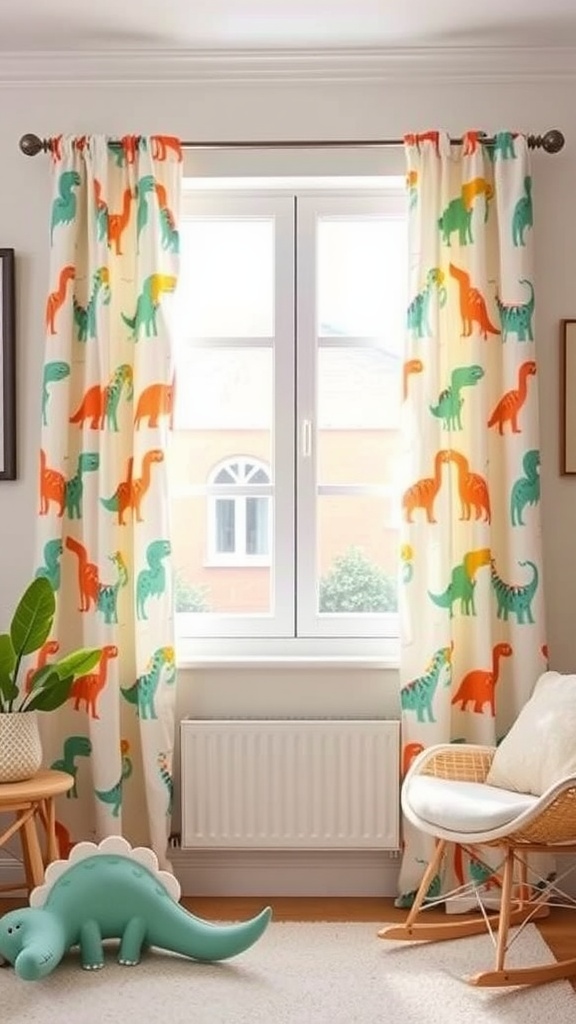 Colorful dinosaur-themed curtains in a nursery setting, featuring various dinosaur designs.