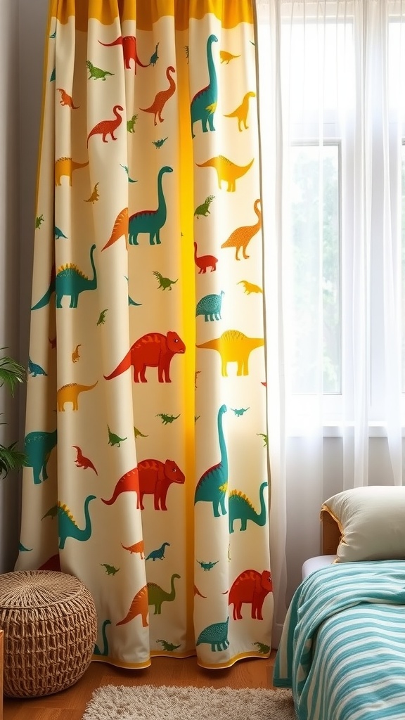 Dinosaur-themed curtains featuring colorful dinosaur designs in a toddler room