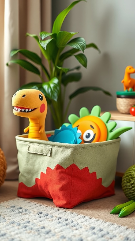Colorful dinosaur-themed storage basket filled with toys.