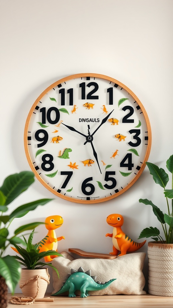 A dinosaur-themed wall clock with colorful dinosaur illustrations, surrounded by decorative plants and toys.