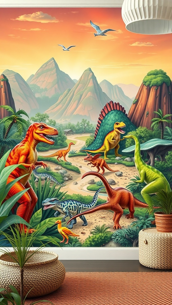 Colorful dinosaur-themed wall mural in a nursery with various dinosaurs in a lush landscape