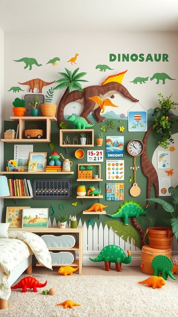 Dinosaur-themed activity wall in a toddler's room, featuring colorful dinosaur decorations, educational materials, and playful toys.