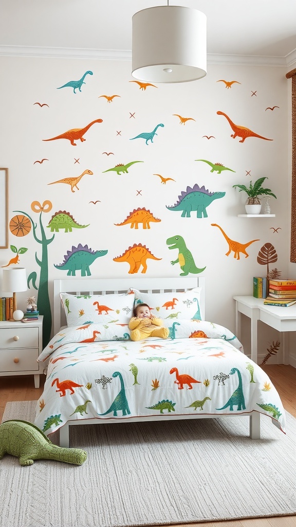 A colorful dinosaur-themed bedroom with dinosaur decals on the wall, playful bedding, and a plush dinosaur toy.