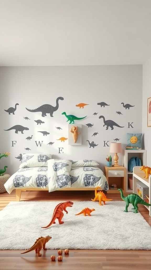 A dinosaur-themed kids bedroom with dinosaur wall decals, a cozy bed with dinosaur bedding, bright toys scattered on a soft rug.