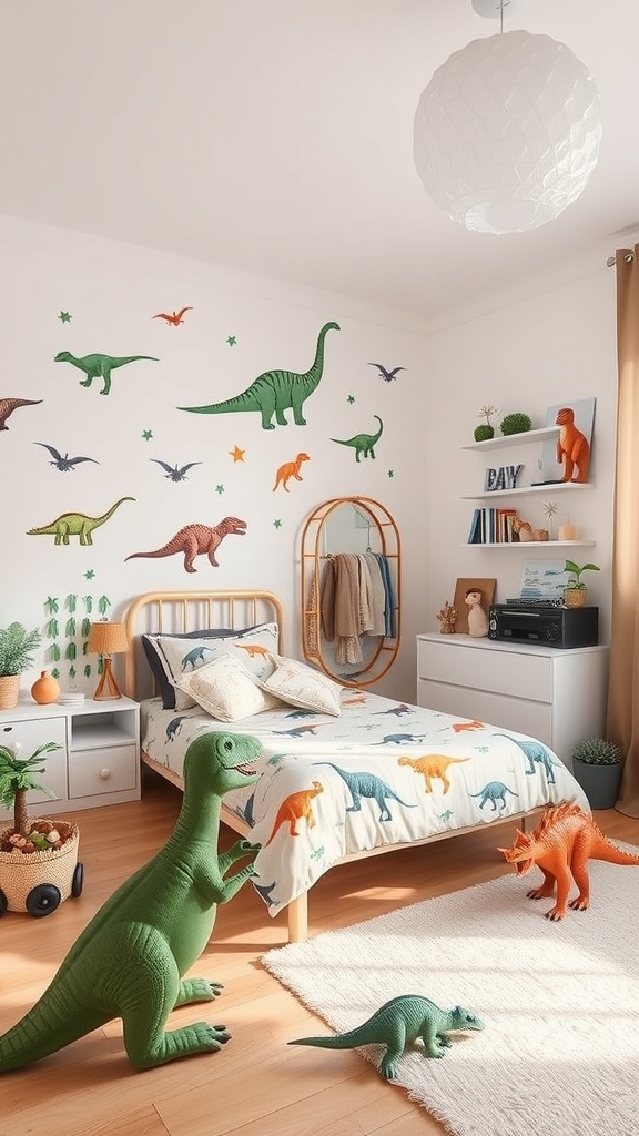 A colorful boys bedroom decorated with dinosaur themes, featuring a bed with dinosaur bedding, dinosaur toys, and wall decals.