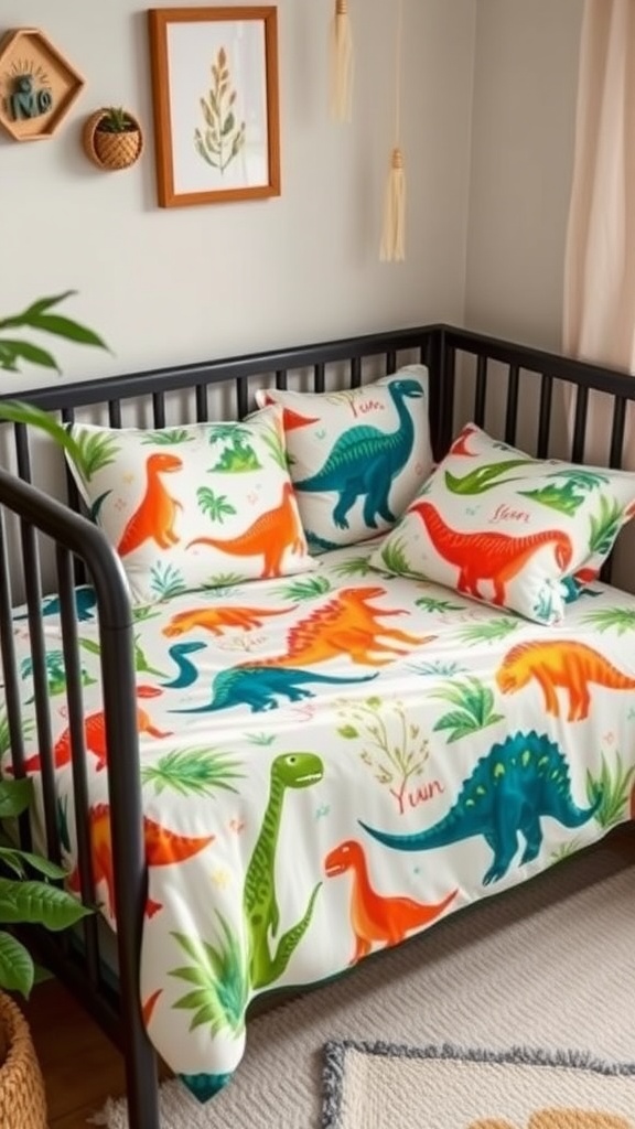 A colorful dinosaur-themed bedding set on a crib, featuring various dinosaur designs and matching pillows.