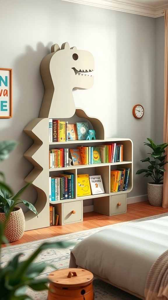 A dinosaur-themed bookshelf in a toddler's room, filled with colorful children's books.
