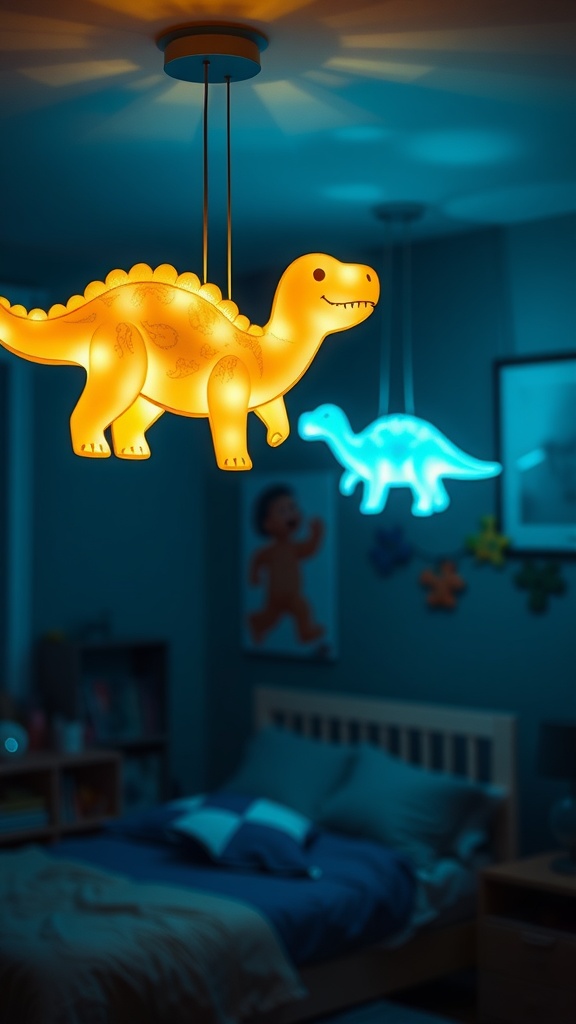 Two dinosaur-shaped ceiling lights in a toddler's room