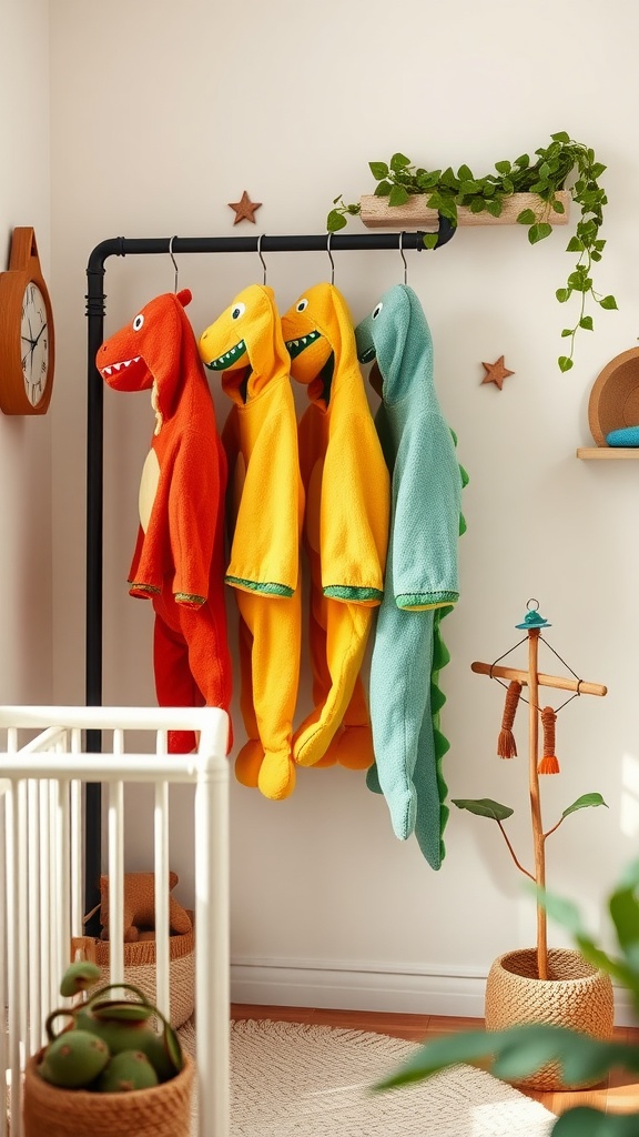 A colorful display of dinosaur costumes hanging in a nursery.