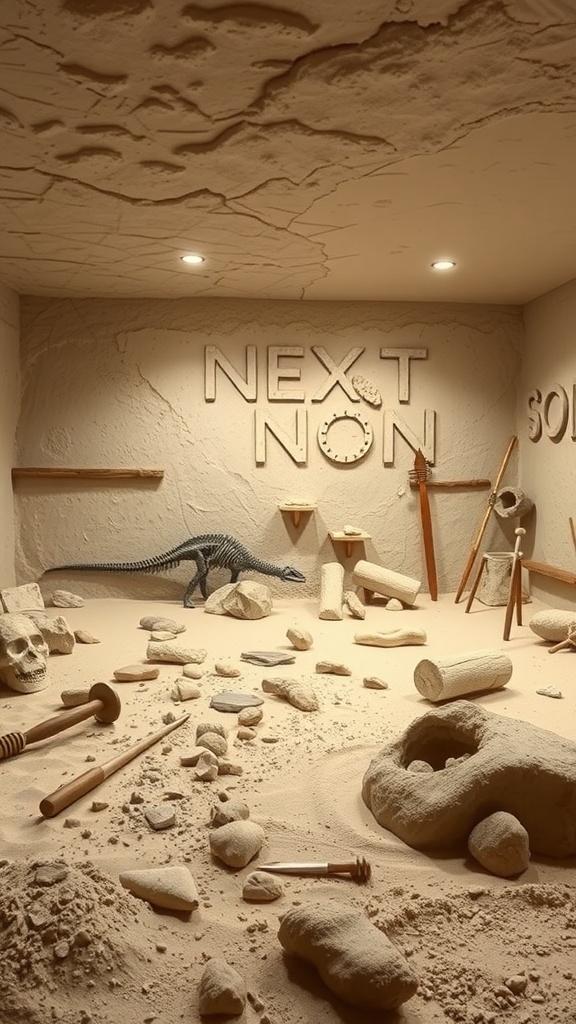 A dinosaur-themed escape room with excavation tools, rocks, and a dinosaur model.