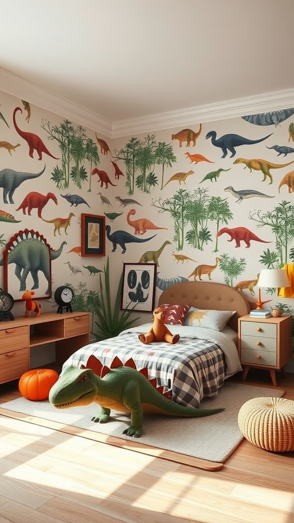 A dinosaur-themed bedroom featuring colorful murals, a cozy bed, and playful decor.