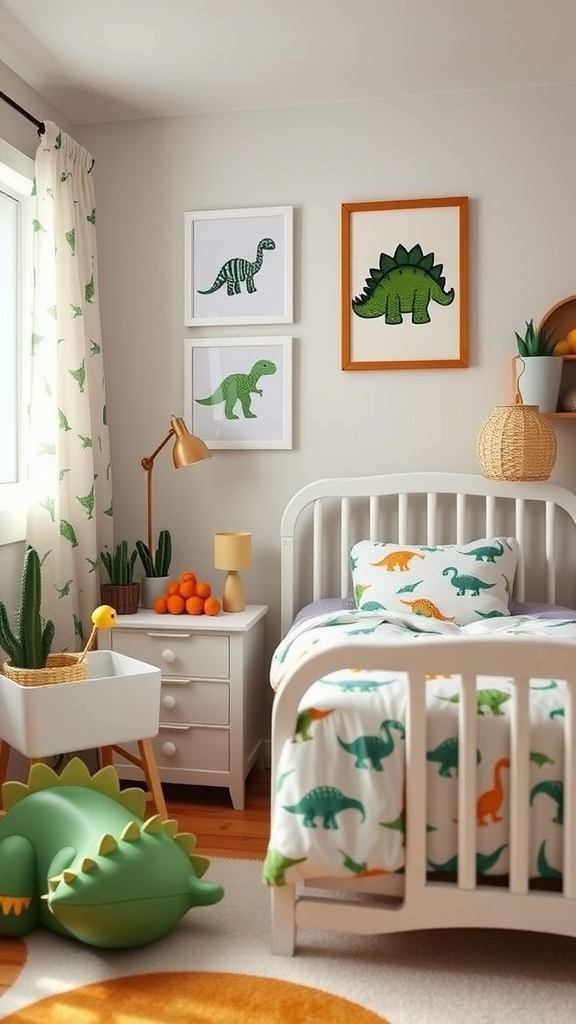 A baby boy's room decorated with dinosaur-themed bedding, artwork, and soft toys.
