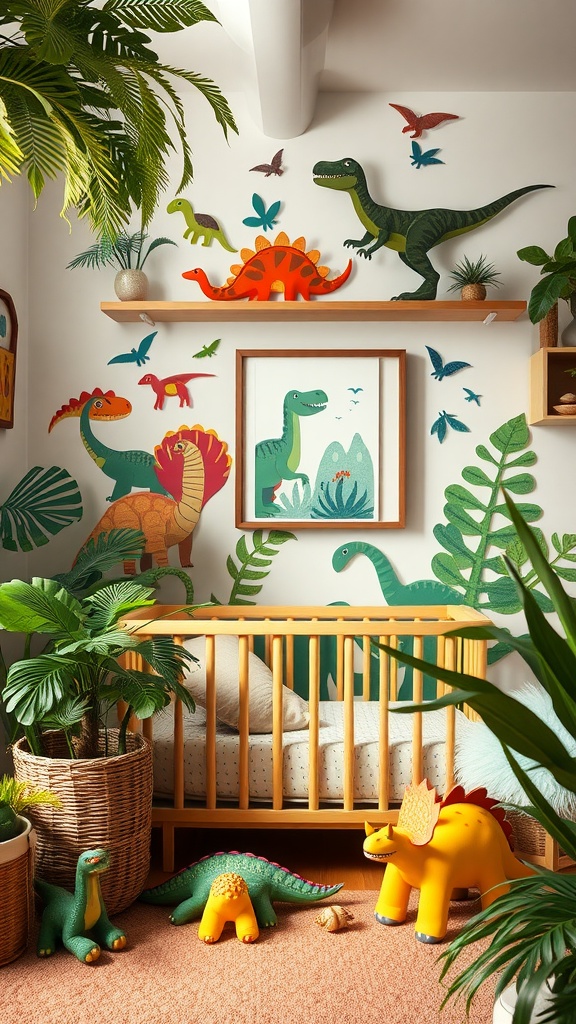 A cozy dinosaur-themed nursery for a baby boy with colorful dinosaur decorations and toys.