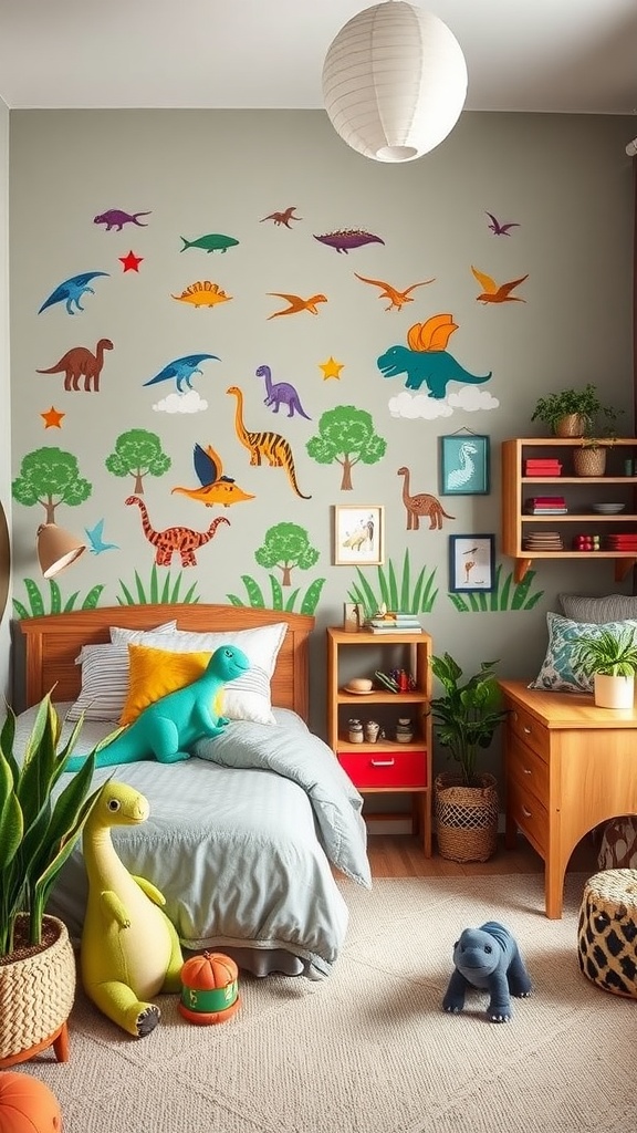 A toddler boy's bedroom decorated with colorful dinosaur wall decals, plush dinosaur toys, and a cozy bed.