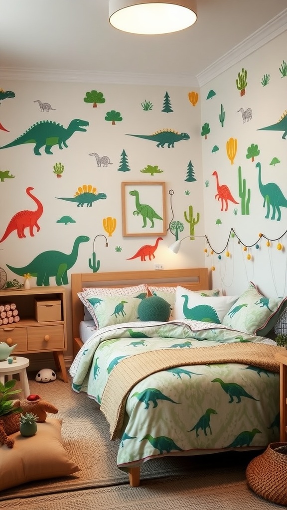 A vibrant children's bedroom decorated with dinosaur-themed wallpaper and bedding, featuring a cozy bed, soft pillows, and playful dinosaur designs.