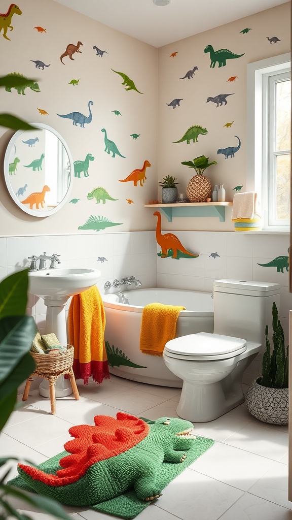 A playful dinosaur-themed bathroom with colorful dino decals on the walls, a dinosaur-shaped bath mat, and bright towels.