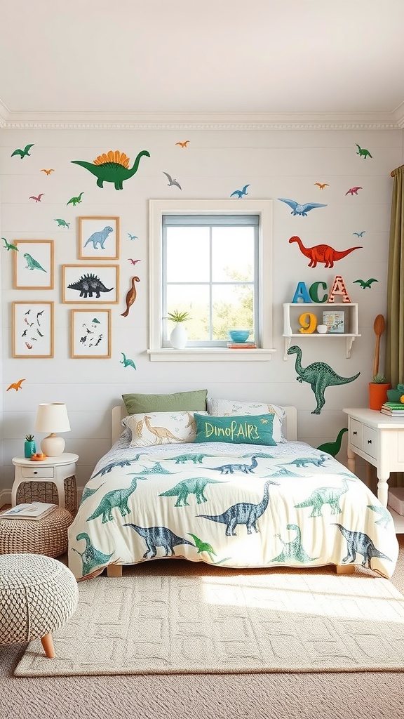 A colorful dinosaur-themed bedroom for preschoolers with wall decals, dino bedding, and playful decorations.