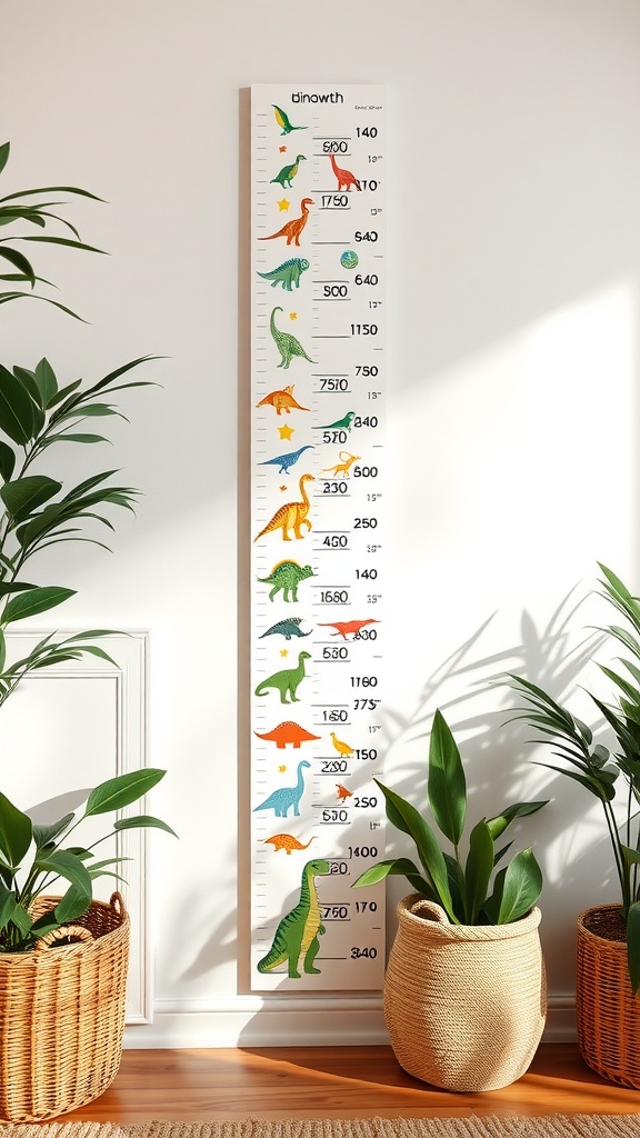 A dinosaur growth chart displayed on a wall, featuring various colorful dinosaurs alongside height measurements.