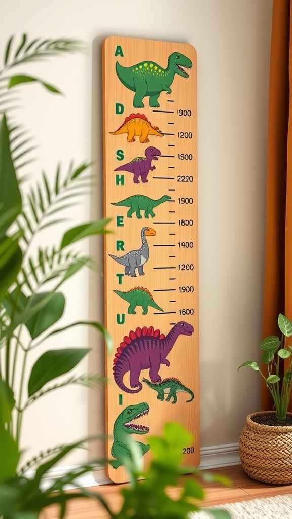 Wooden dinosaur growth chart with colorful dinosaur illustrations and height markings.