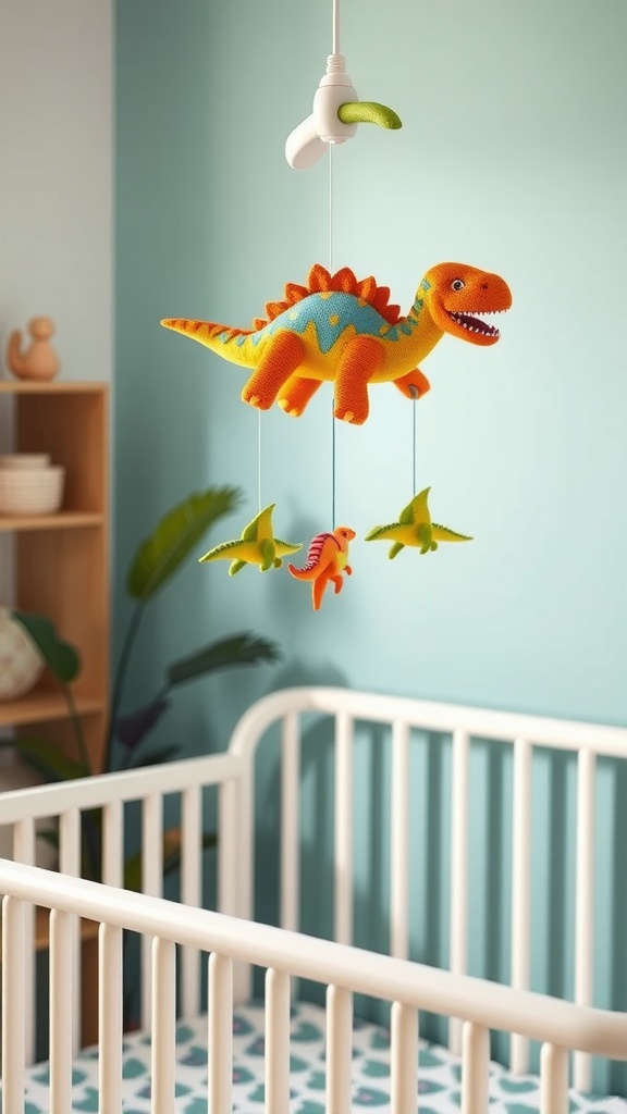 Colorful dinosaur mobile hanging above a crib in a toddler room